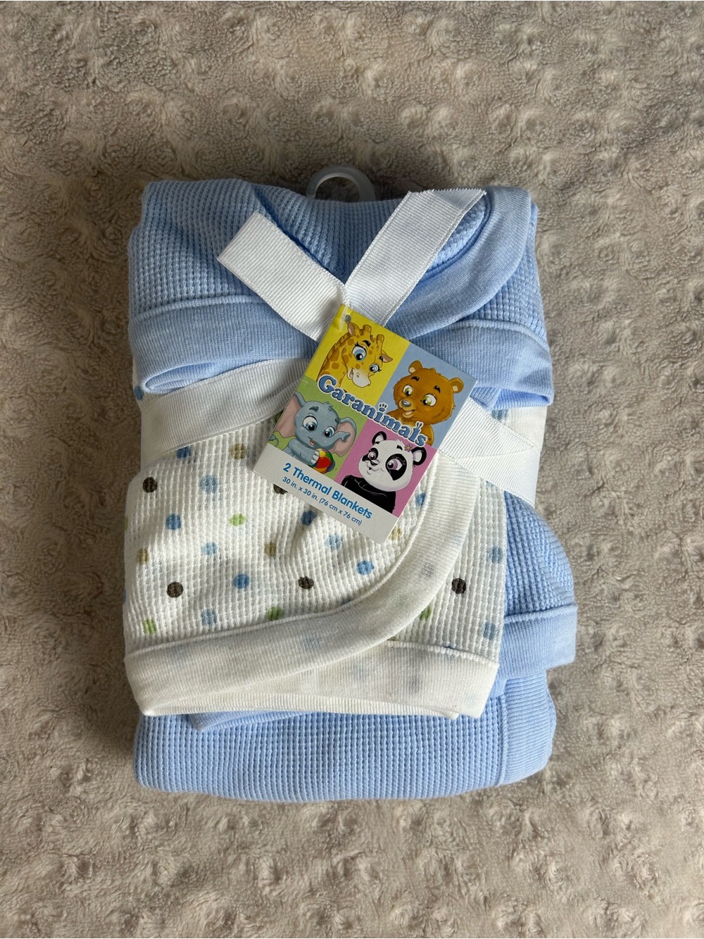 Garanimals Thermal Baby Blanket Set Waffle Weave Blue White Polka Dots Green